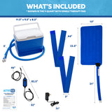 Items included with Active Ice® Rectangular Universal Cold Therapy System labeled with dimensions