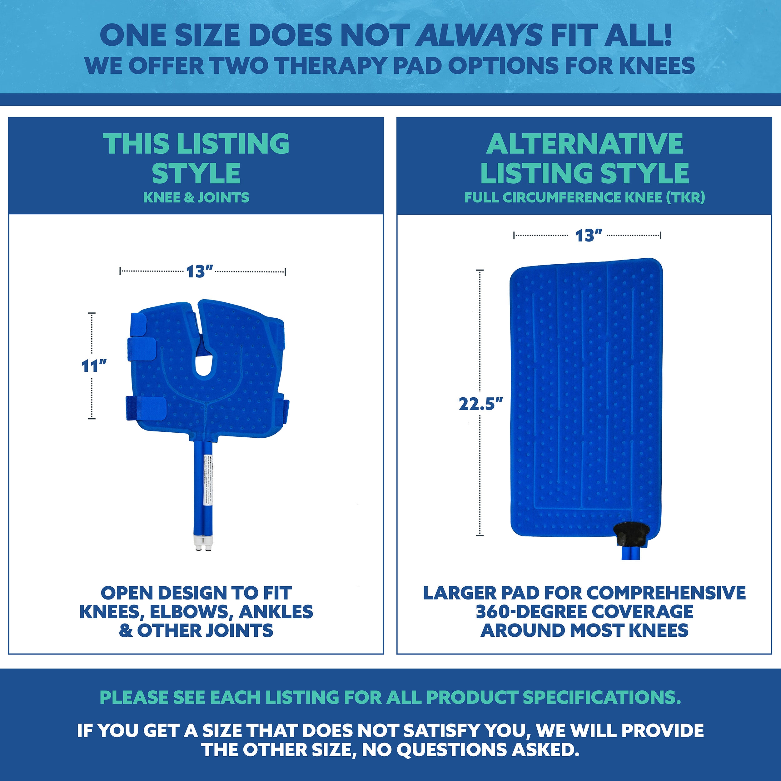 Comparison chart of two therapy pad options for knees with measurements and descriptions.