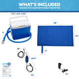 What's included in the Polar Active Ice® 3.0 38" x 22" Blanket Cold Therapy System with dimensions on a white background.