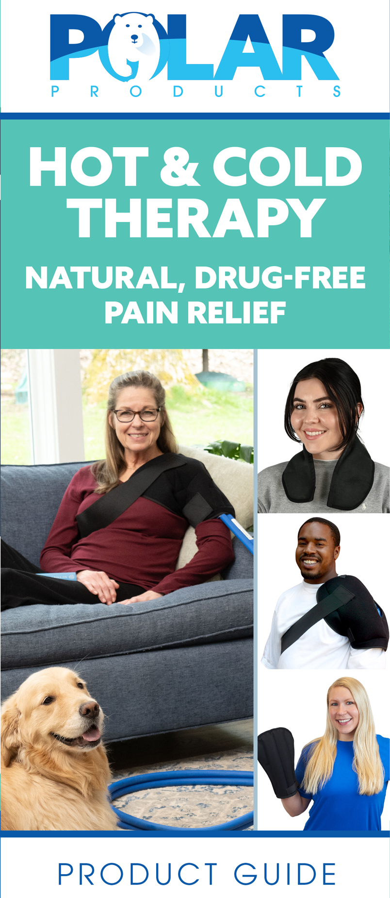 A promotional product guide banner for Polar Products Hot & Cold Therapy neck wraps, showing the Polar Products logo, text about natural drug-free pain relief, and several lifestyle photos of people and a dog wearing or using the wraps.