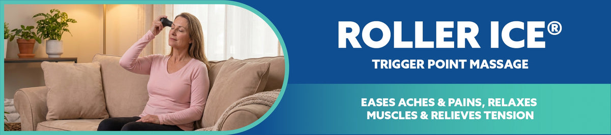 Woman using a roller ice device on a couch with Roller Ice branding and product benefits text.