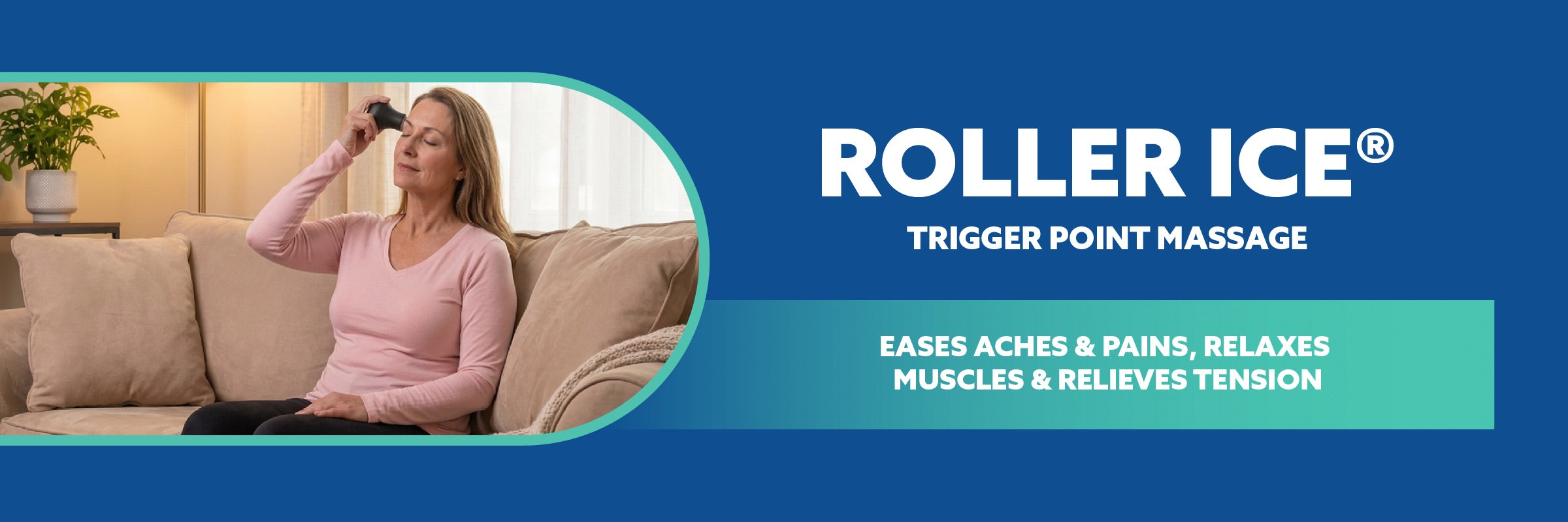 Woman using a roller ice device on a couch with Roller Ice branding and product benefits text.