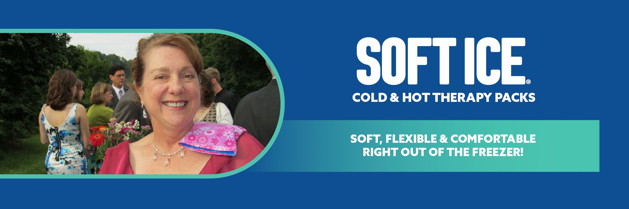 Advertisement for Soft Ice cold and hot therapy packs with a woman holding a pack outdoors.