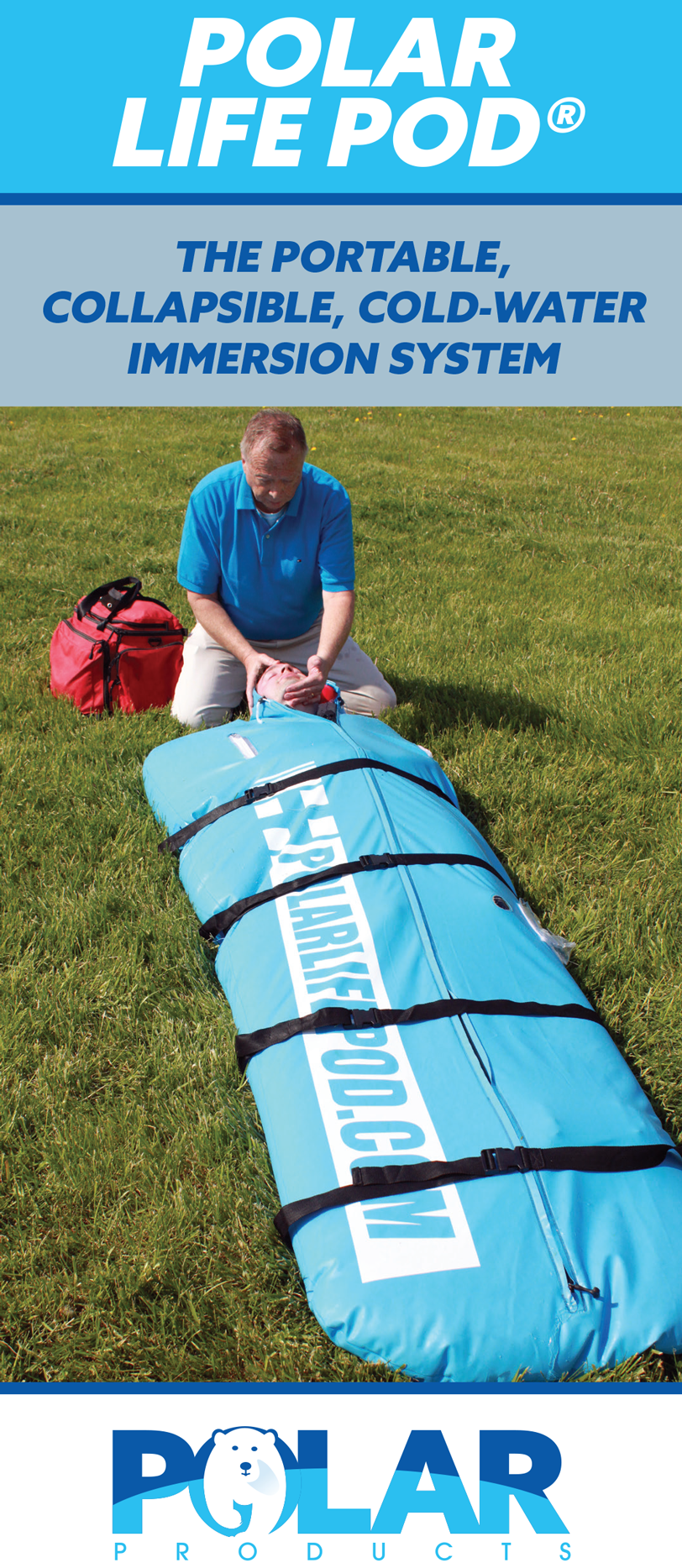 A blue body-bag like device cold-water immersion system labeled POLAR LIFE POD is laid out on grass, with a man kneeling beside it and a red bag nearby. The top and bottom of the image include promotional text for POLAR PRODUCTS.