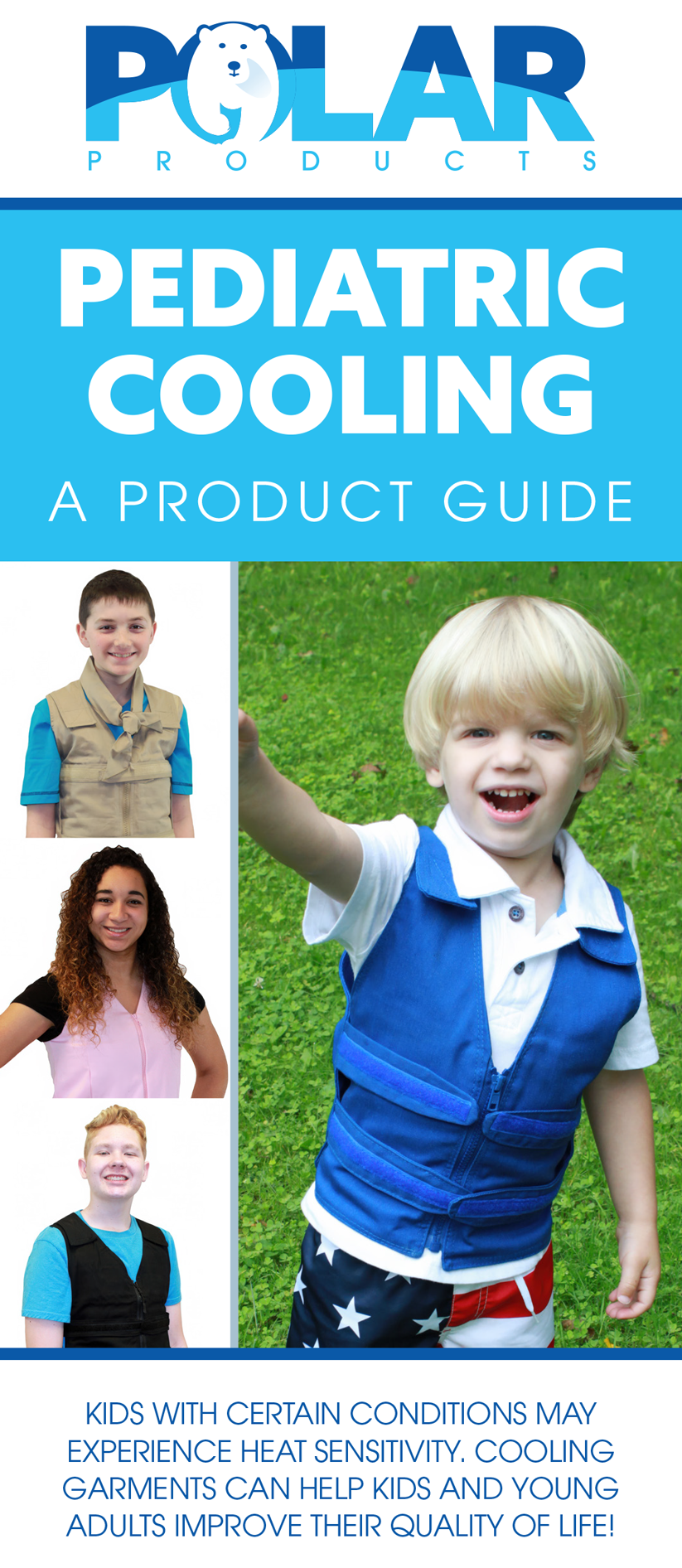 A promotional graphic for 'Polar Products Pediatric Cooling' featuring a young blond child wearing a blue cooling vest outdoors on grass, with three smaller inset photos of children and text about pediatric cooling garments.