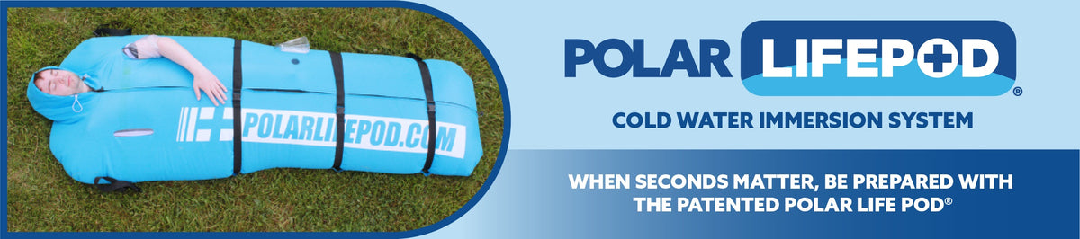 Polar Life Pod cold water immersion system on grass with promotional text.