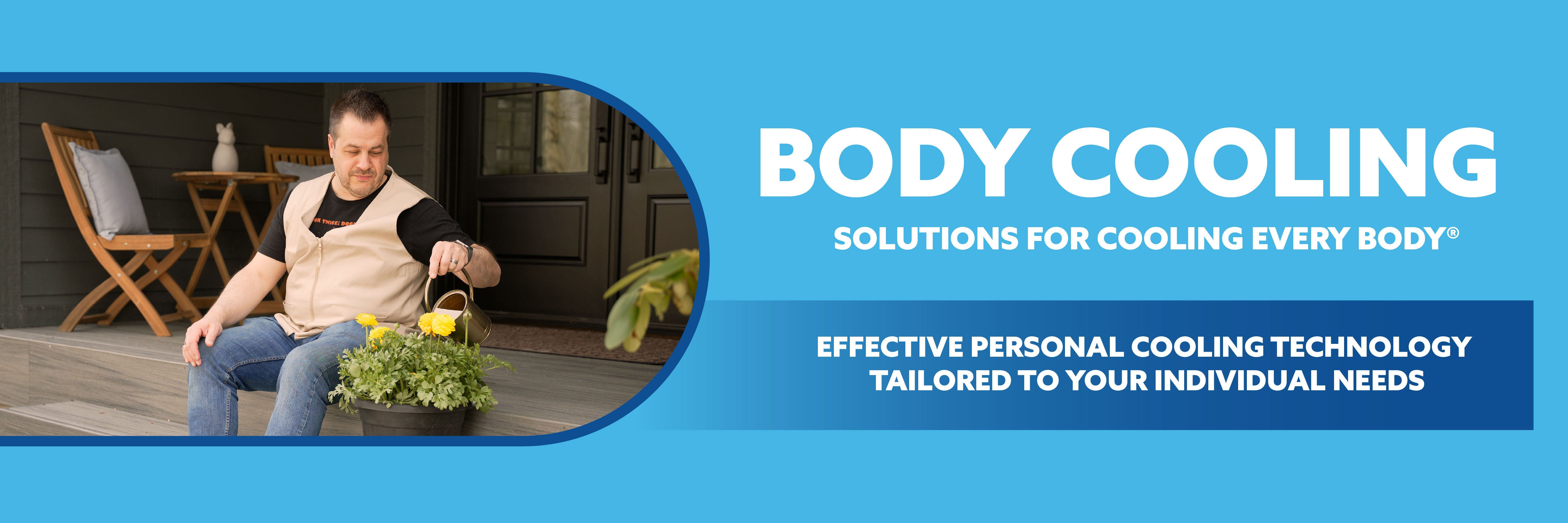 Person sitting on a porch step watering a plant, while wearing a beige fashion cooling vest, promotional banner for body cooling solutions.