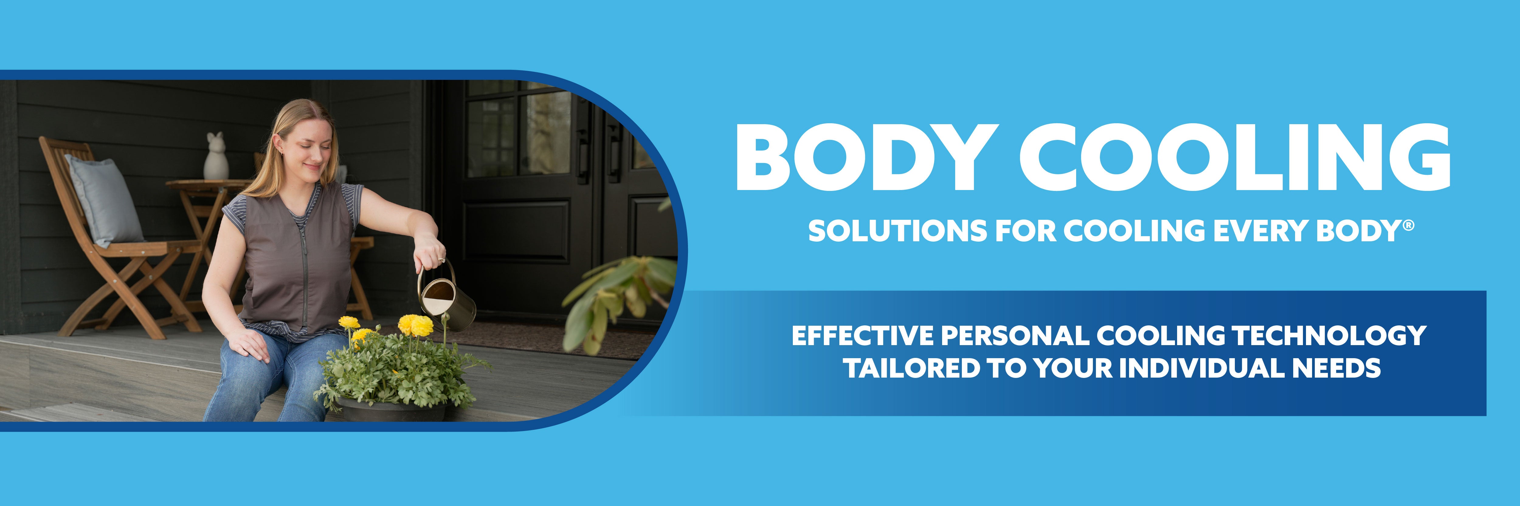 Woman sitting on a bench with plants wearing a gray fashion cooling vest, promotional text for body cooling solutions on a blue background