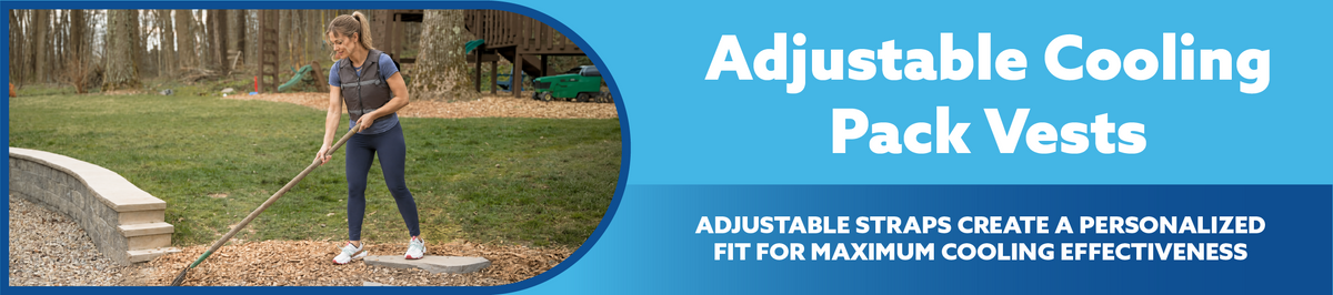 Woman using a rake in a garden with promotional text about adjustable cooling pack vests.