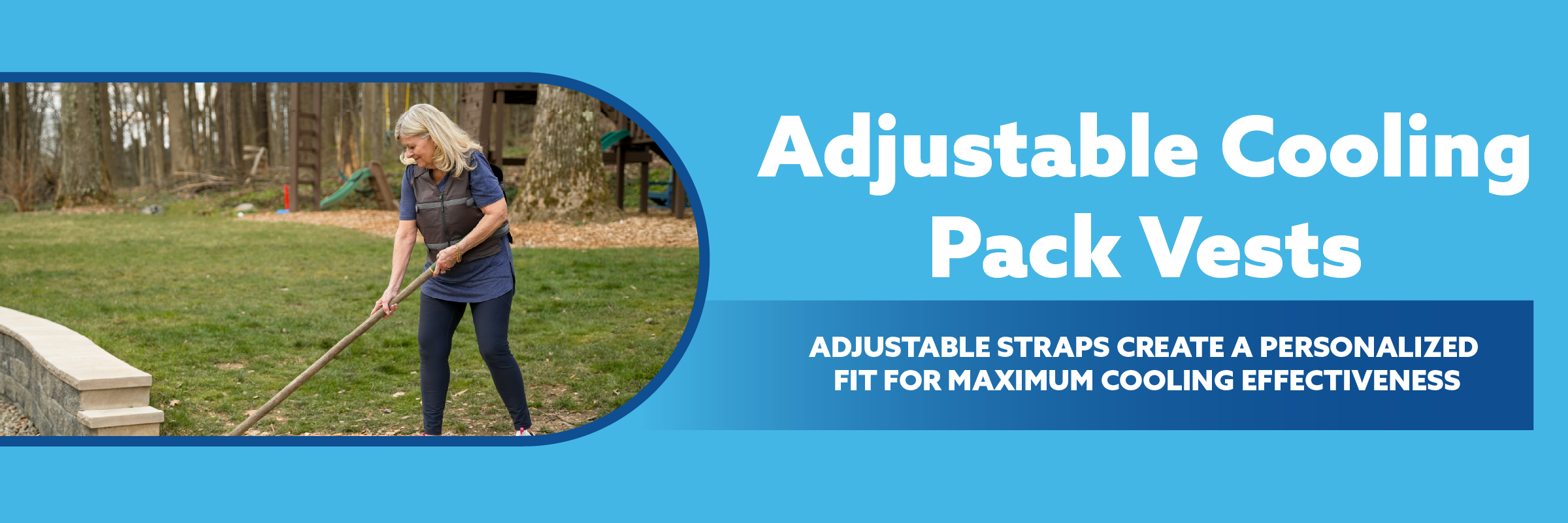 Woman using a rake in a garden with promotional text about adjustable cooling pack vests.