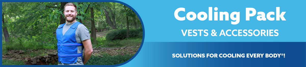 Man wearing a blue cooling pack vest in a forest with promotional text about cooling packs on a blue background.