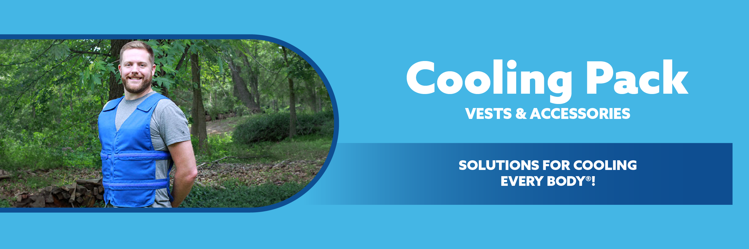 Man wearing a blue cooling pack vest in a forest with promotional text about cooling packs on a blue background.