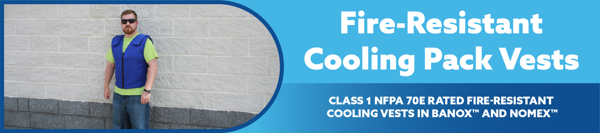 Man wearing a fire-resistant cooling pack vest with promotional text on a blue background