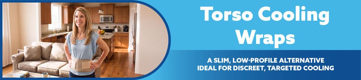 Woman holding a product in a kitchen with text about torso cooling wraps on a blue background