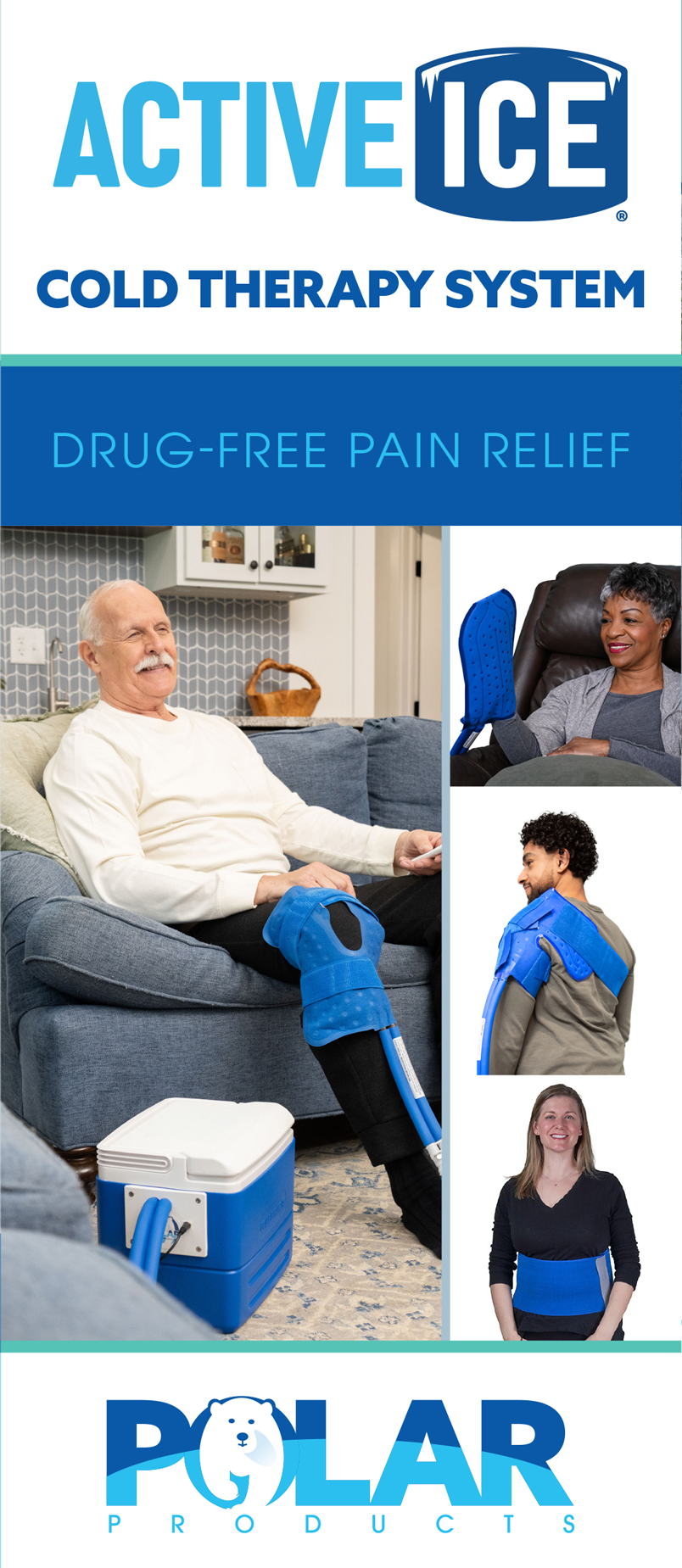 Promotional graphic for the Active Ice Cold Therapy System by Polar Products, showing multiple people using blue and white cold therapy wraps and a cooler on a couch in a home setting.