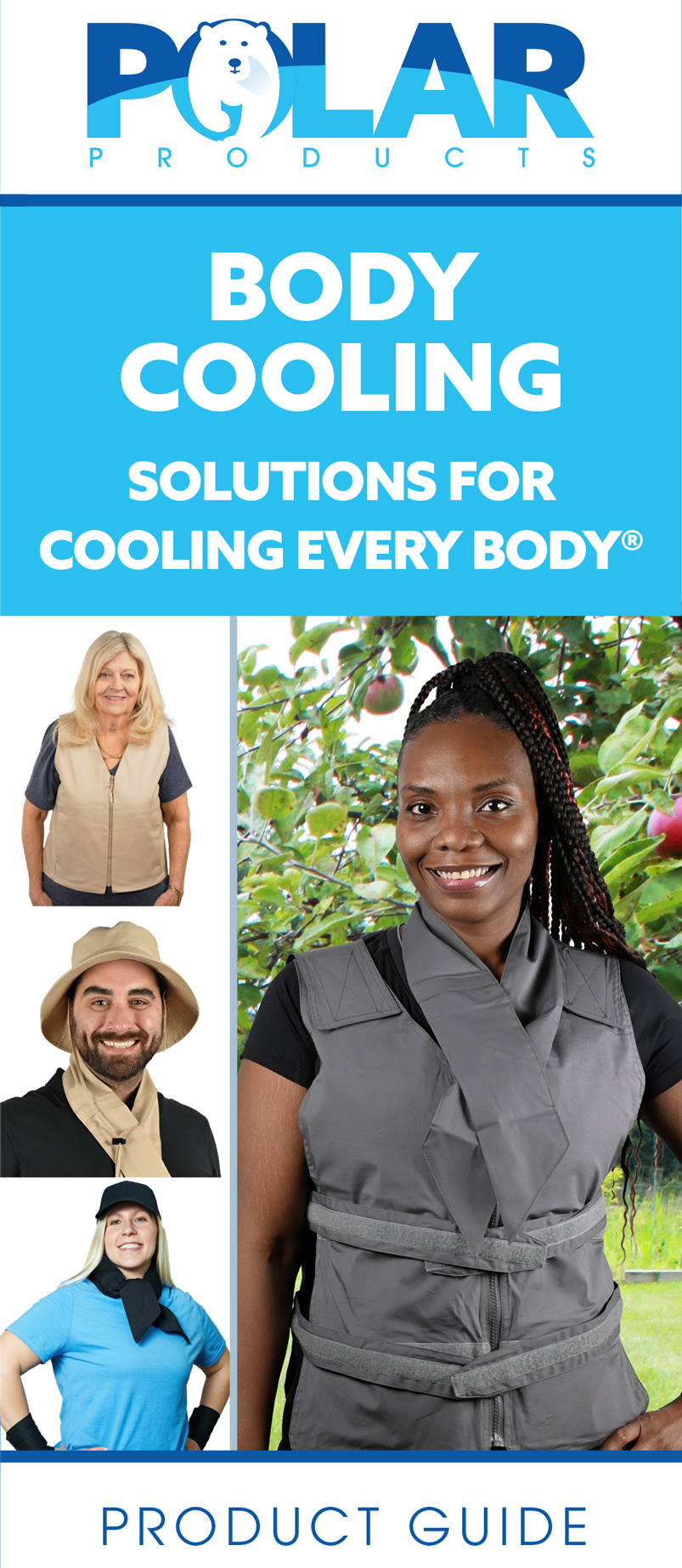 A promotional graphic for Polar Products Body Cooling, showing the Polar Products logo at the top, large blue title text, and four inset photos of people wearing cooling garments outdoors.