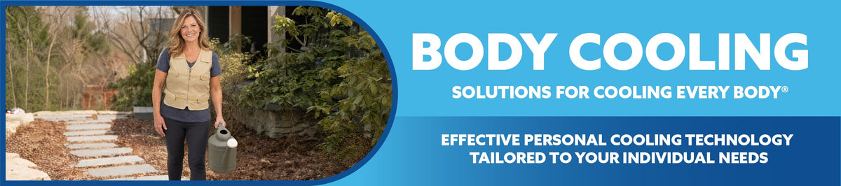 Person standing outdoors with text about body cooling solutions on a blue background while wearing a khaki adjustable cooling vest.