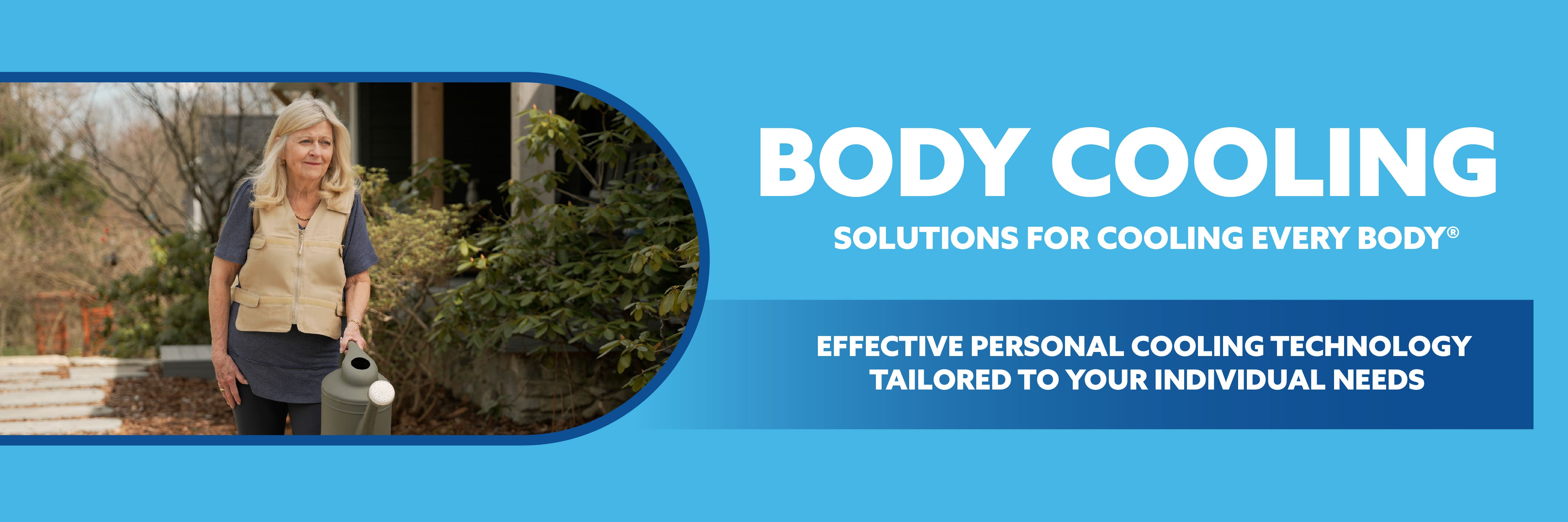 Person standing outdoors with text about body cooling solutions on a blue background while wearing a khaki adjustable cooling vest.