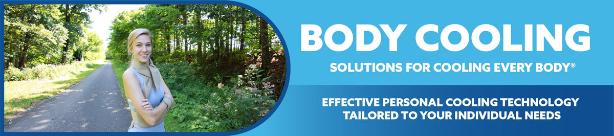 Promotional banner for body cooling with an image of a woman outside on a park path, wearing various cooling items. She's wearing a khaki deluxe cooling neck wrap, khaki secret torso cooling wrap, and wist wraps.
