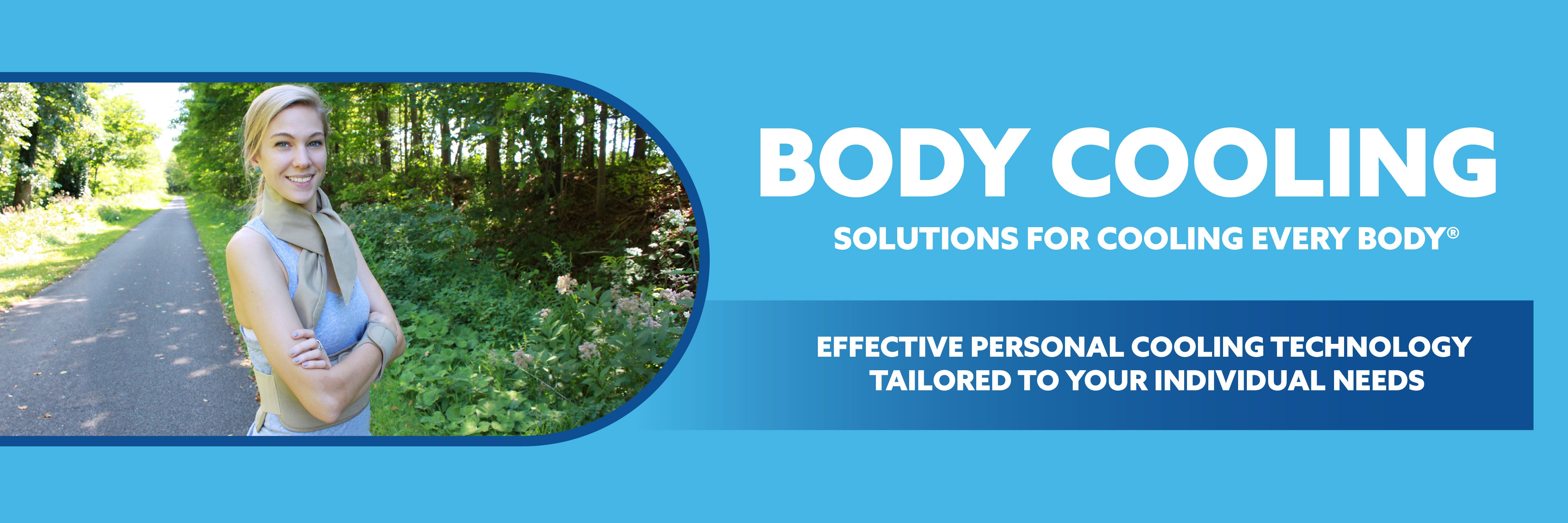 Promotional banner for body cooling with an image of a woman outside on a park path, wearing various cooling items. She's wearing a khaki deluxe cooling neck wrap, khaki secret torso cooling wrap, and wist wraps.