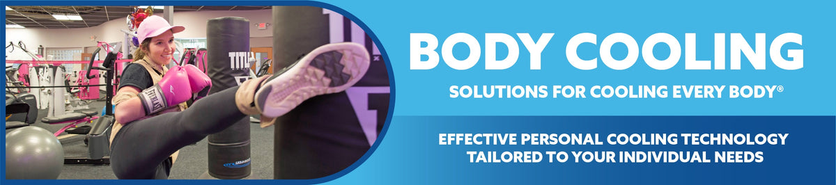 Person using several body cooling products with text about body cooling solutions on a blue background
