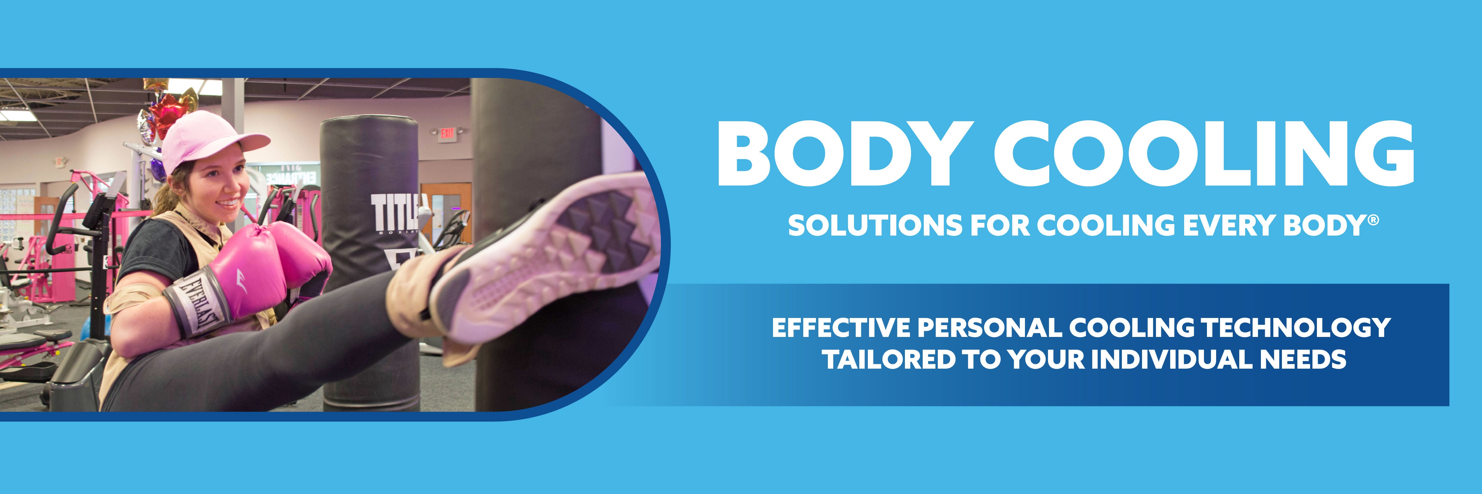 Person using several body cooling products with text about body cooling solutions on a blue background