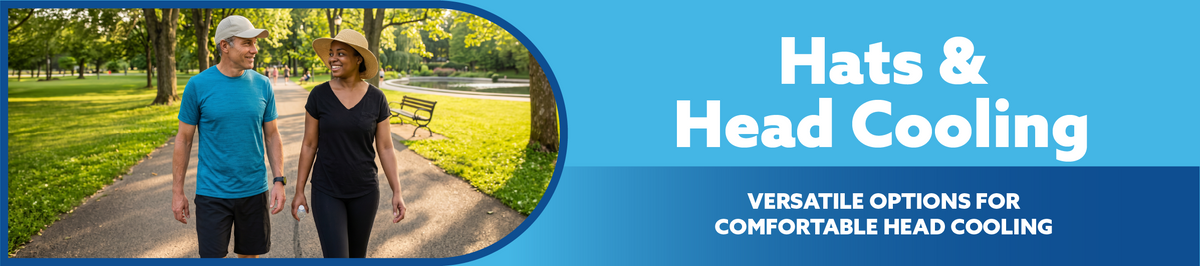 Two people walking in a park with text about hats and head cooling on a blue background