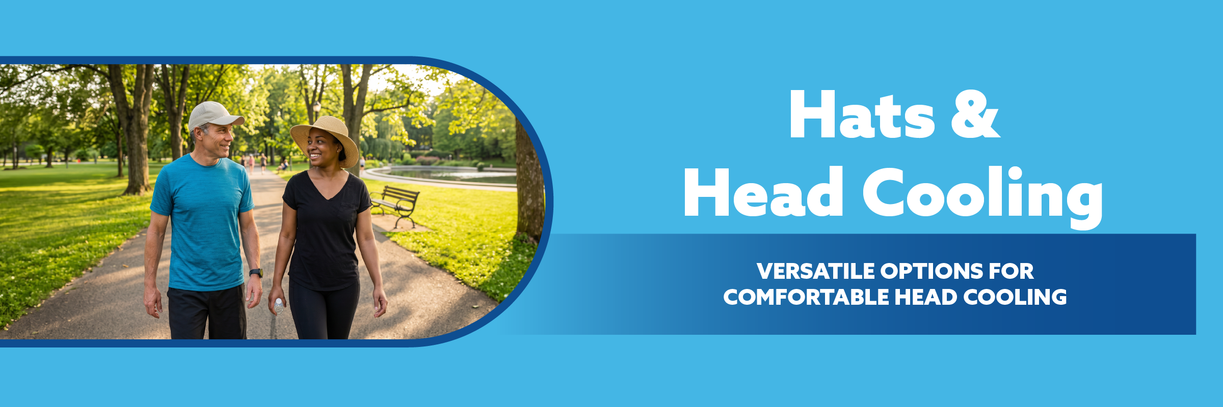 Two people walking in a park with text about hats and head cooling on a blue background