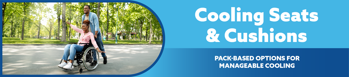 Advertisement for cooling seats and cushions with a man and woman in a wheelchair outdoors.