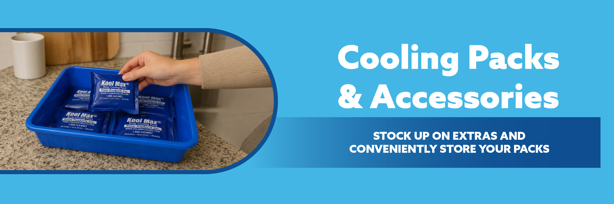 Person holding a blue cooling pack in a tray with text about cooling packs and accessories on a blue background.