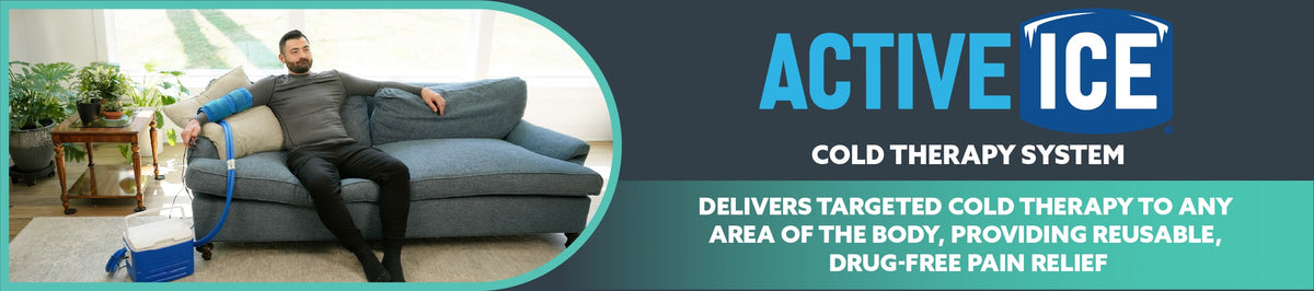 Person using an Active Ice cold therapy system on a couch with promotional text.