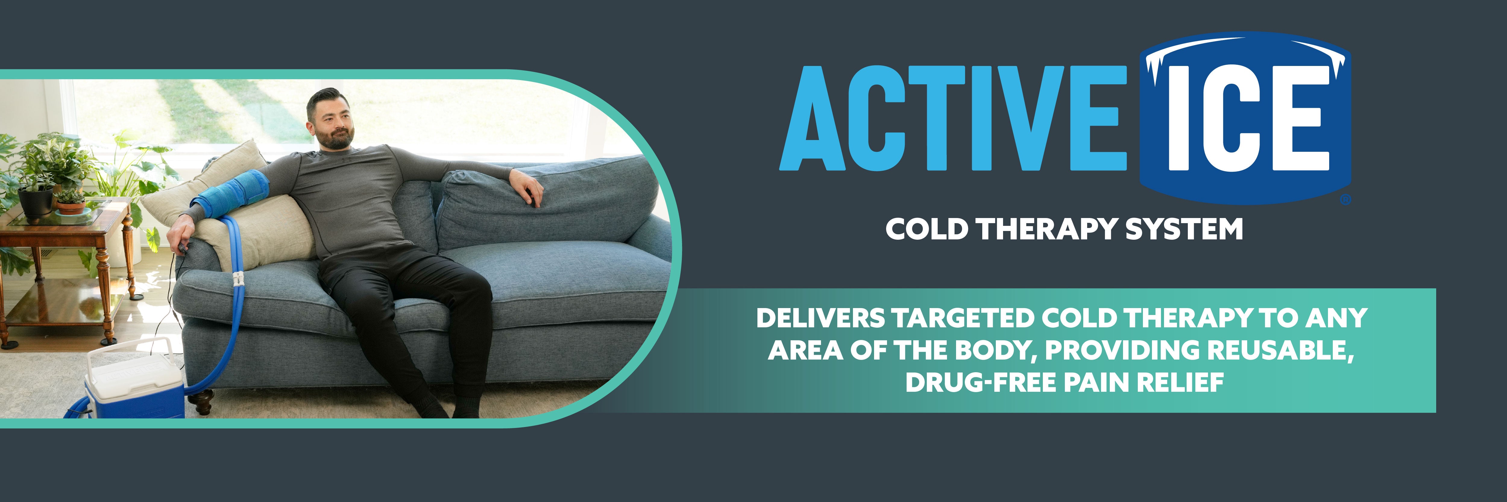 Person using an Active Ice cold therapy system on a couch with promotional text.