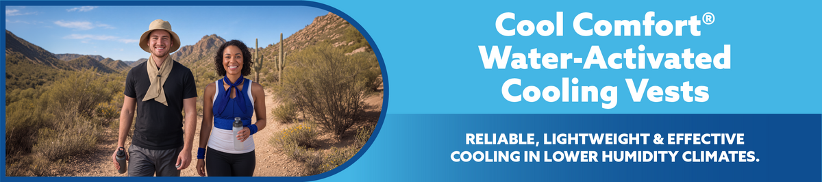 Promotional banner for Cool Comfort Water-Activated Cooling Vests, featuring a lifestyle photo of a man and woman hiking in a desert with a circular inset on a bright blue background with white and dark blue text.