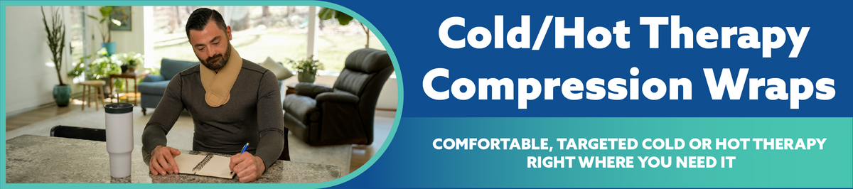 Promotional banner for Cold/Hot Therapy Compression Wraps, featuring a man sitting indoors on the left and large white text on a blue background on the right.