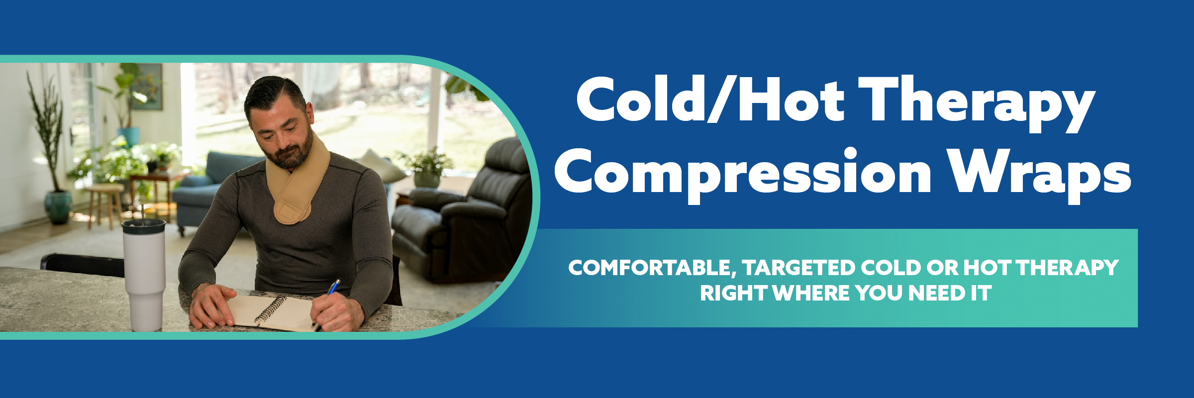 Promotional banner for Cold/Hot Therapy Compression Wraps, featuring a man sitting indoors on the left and large white text on a blue background on the right.