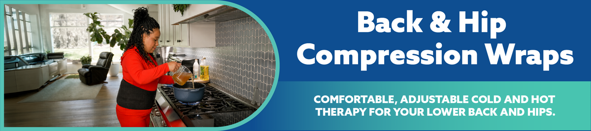 Promotional banner for Back & Hip Soft Ice® Compression Wraps, featuring a woman in a kitchen on the left and large white text on a blue background on the right.
