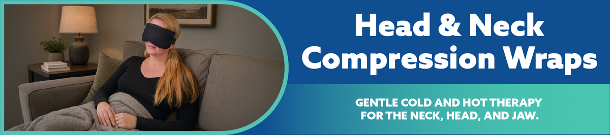 Promotional banner for head and neck compression wraps, featuring a woman wearing a black Soft Ice® wrap for the face while reclining on a couch in a living room setting, alongside text reading 'Head & Neck Compression Wraps' and a teal banner with additional descriptive copy.