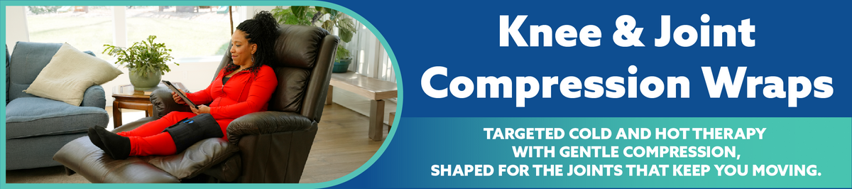 Promotional banner for Knee & Joint Compression Wraps, showing a woman reclining in a brown leather chair next to a window, with text on a blue background describing targeted cold and heat therapy.