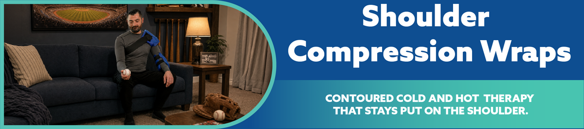 Promotional banner for shoulder Soft Ice® compression wraps, featuring a man sitting on a couch in a living room setting inside a teal oval frame, alongside large white text reading 'Shoulder Compression Wraps' and a teal subtitle on a dark blue background.