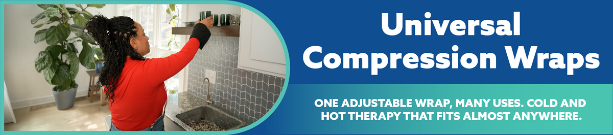 Promotional banner for Universal Compression Wraps, featuring a woman in a red top adjusting a wrap on a person in a bathroom, alongside large white text on a blue background.