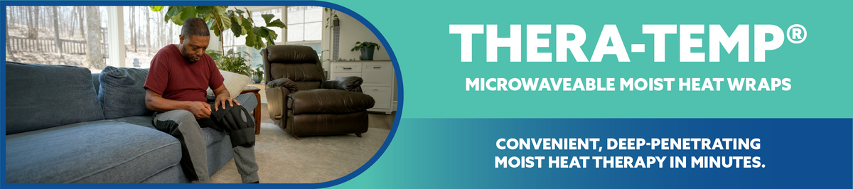 Promotional banner for THERA-TEMP microwaveable moist heat wraps, showing a man sitting on a couch in a living room on the left and product text on a teal background on the right.