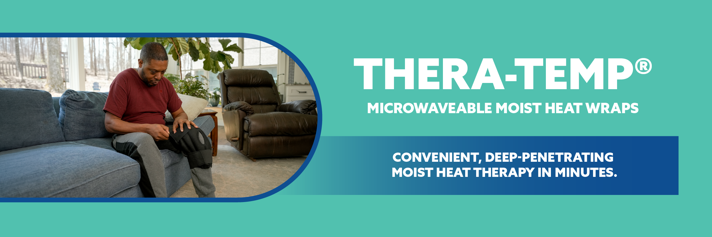 Promotional banner for THERA-TEMP microwaveable moist heat wraps, showing a man sitting on a couch in a living room on the left and product text on a teal background on the right.
