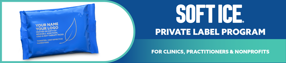 Promotional graphic for a customizable private label program, showing a blue mockup pouch with placeholder text on the left and large white text reading 'SOFT ICE PRIVATE LABEL PROGRAM' on a blue background with a teal banner below.