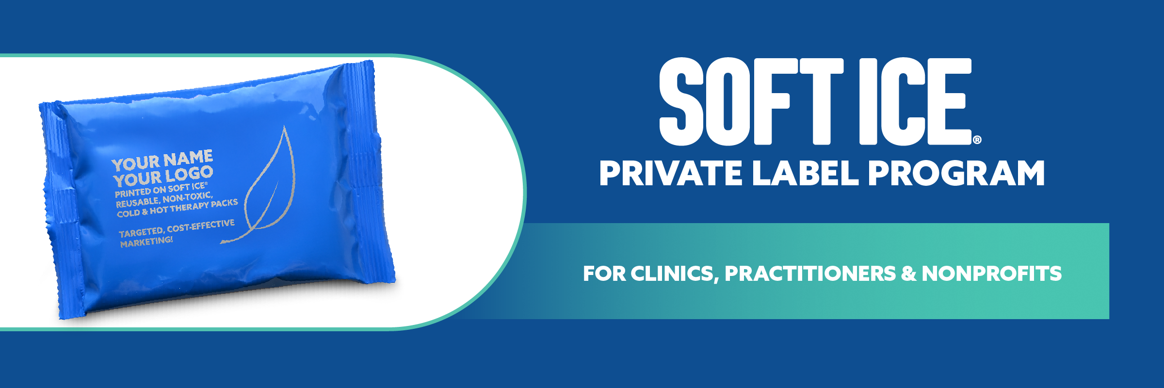 Promotional graphic for a customizable private label program, showing a blue mockup pouch with placeholder text on the left and large white text reading 'SOFT ICE PRIVATE LABEL PROGRAM' on a blue background with a teal banner below.