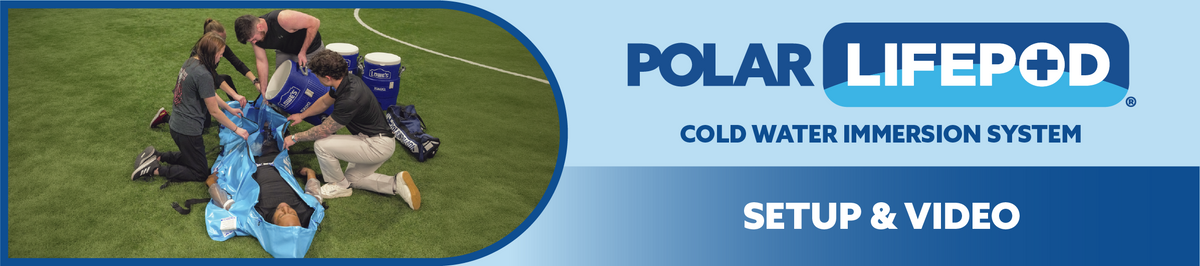 A promotional banner for the Polar Life pod cold water immersion system. On the left, a person is shown lying on a bright blue inflatable mat on green grass, with the Polar Life pod branding visible.