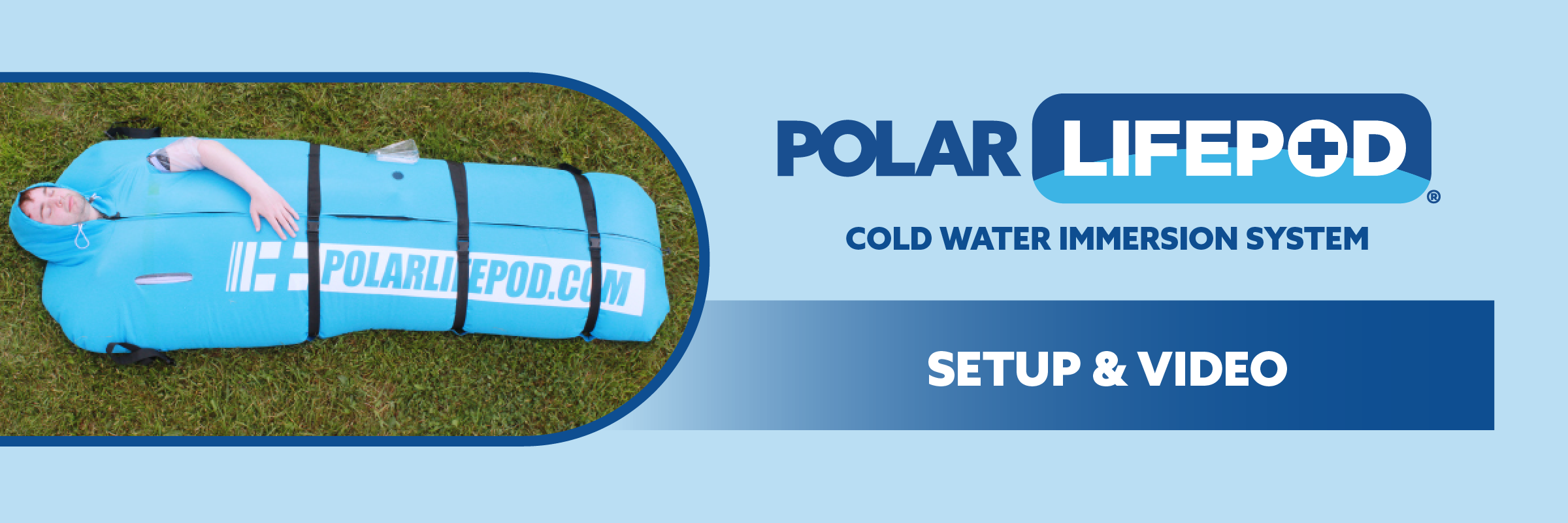 A promotional banner for the Polar Life pod cold water immersion system. On the left, a person is shown lying on a bright blue inflatable mat on green grass, with the Polar Life pod branding visible.