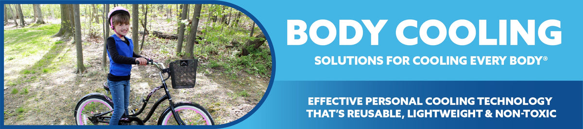 Promotional banner for body cooling technology, featuring a child riding a bicycle in a wooded outdoor scene on the left and large blue text on the right reading 'BODY COOLING' with supporting copy.