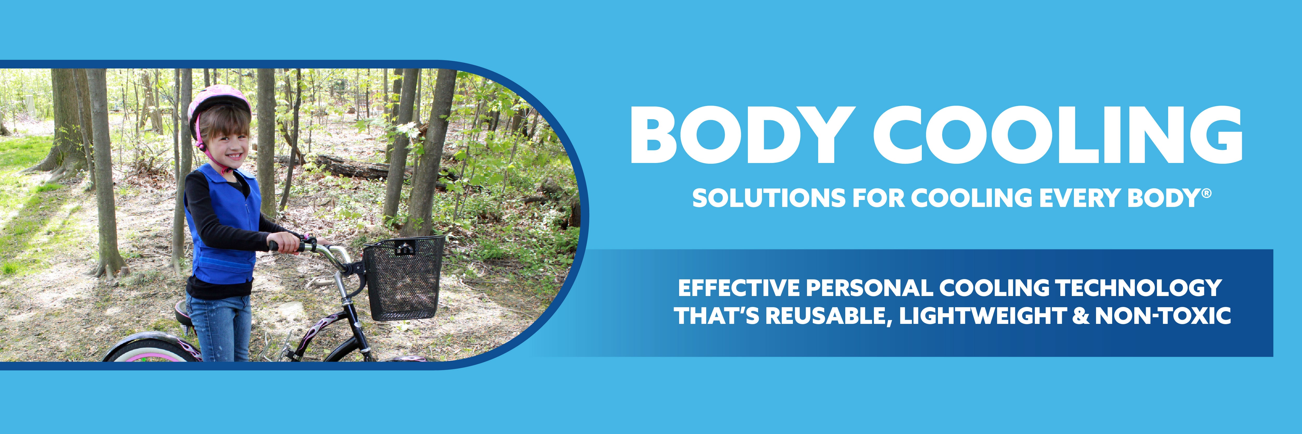 Promotional banner for body cooling technology, featuring a child riding a bicycle in a wooded outdoor scene on the left and large blue text on the right reading 'BODY COOLING' with supporting copy.