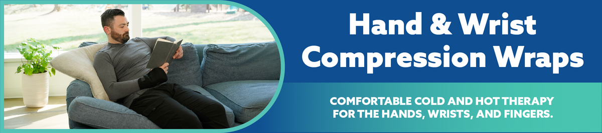 Promotional banner for Hand & Wrist Compression Wraps, featuring a man reading on a couch in a home setting on the left, and bold white text on a dark blue background on the right describing the product.