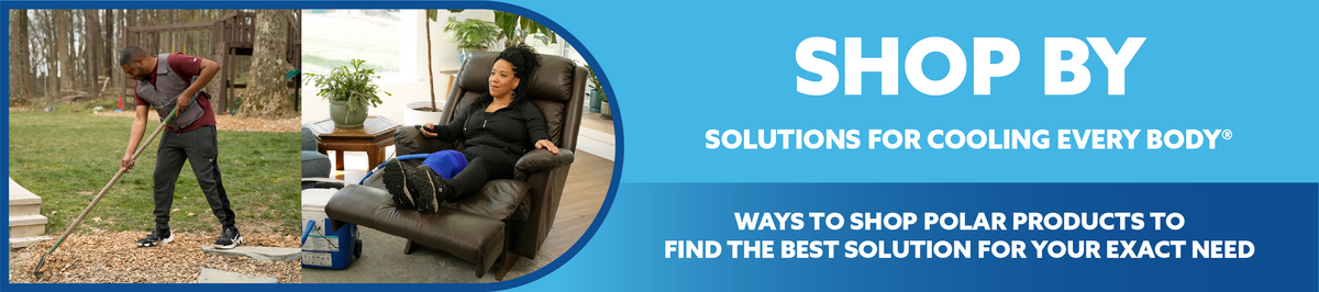 Promotional banner for Polar products with a bright blue background, featuring the text 'SHOP BY SOLUTIONS FOR COOLING EVERY BODY' and 'WAYS TO SHOP POLAR PRODUCTS TO FIND THE BEST SOLUTION FOR YOUR EXACT NEED.' Two inset photos show a man mowing grass and a woman relaxing in a reclining chair.